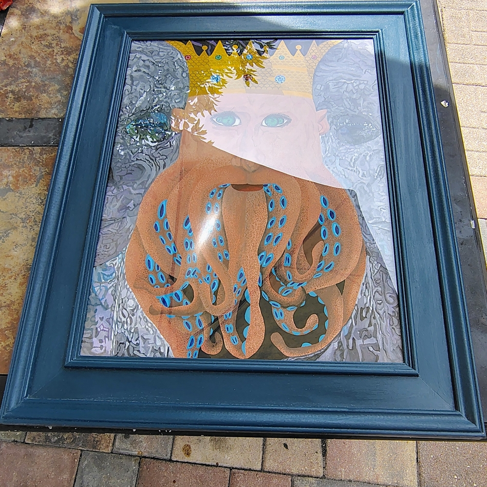 Framed Octopus King Art with Blue and Gold Accents